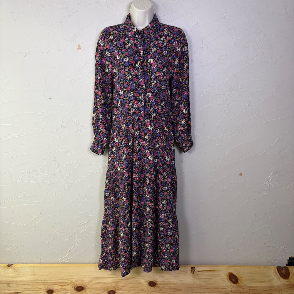 Natural Life Floral Maxi Dress Medium Boho Rayon‎ Long Sleeve Tiered Pockets